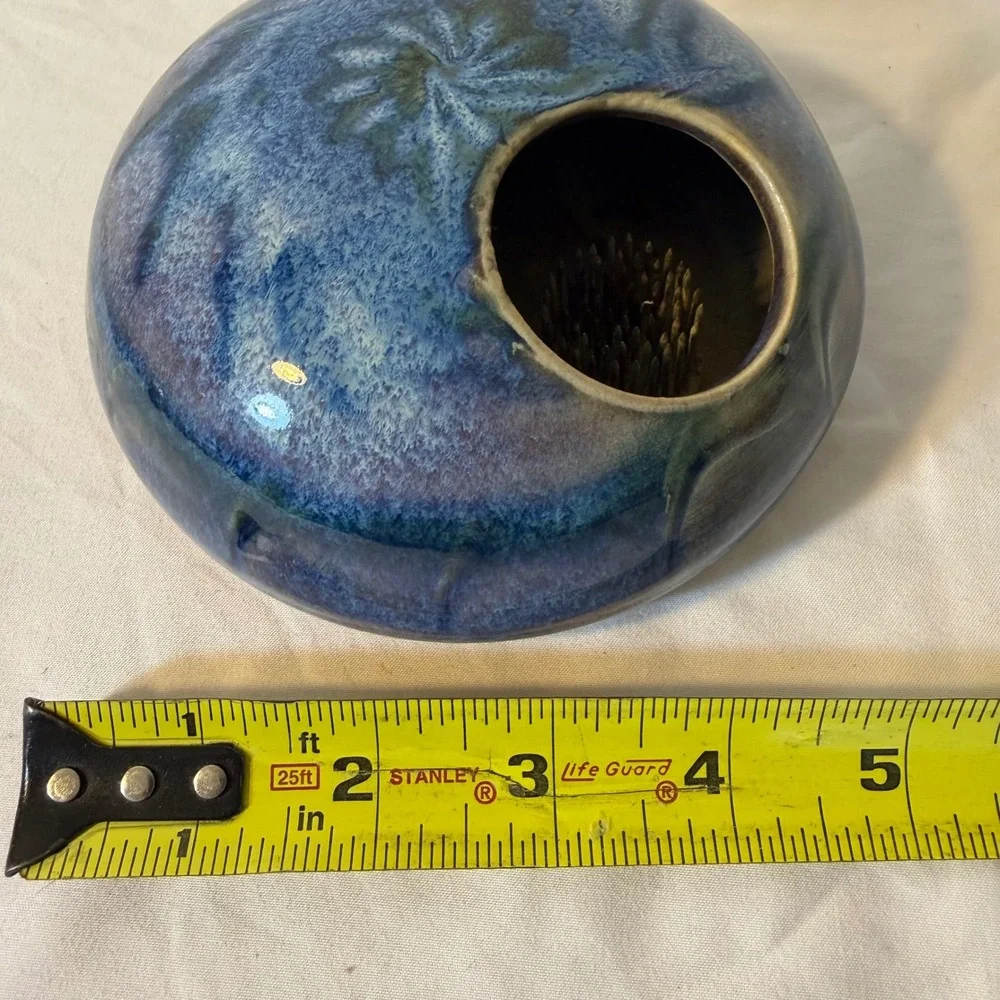Signed Studio Art Pottery Ikebana Vase Blue Reactive Glaze Flower Frog Round